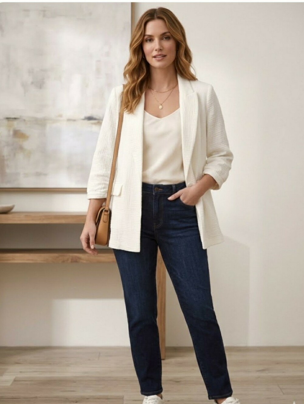 Nine West Blazer Size M Ruched 3/4 Sleeve Open Front White Cotton Gauze Casual